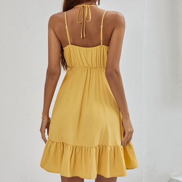 boho yellow strappy v neck ruffle hem dress - Picture 4 of 5